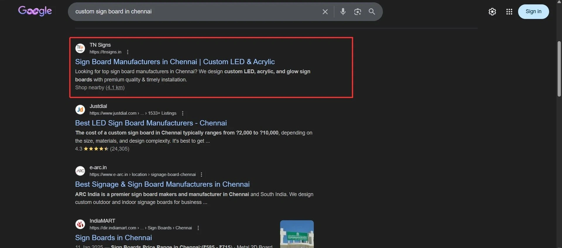 #1 Google Ranking for Custom Sign in Chennai